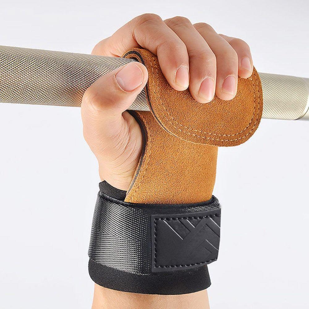 Double Layer PU Leather Gloves Cowhide Palm Anti-Skid Gym Training Gloves Wrist Strap Grip Pads Pull-Up Gloves