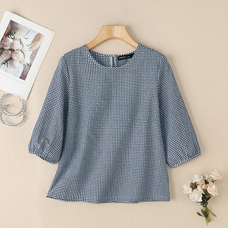 

ZANZEA Women Casual Round Neck Loose 3/4 Sleeve Grid Print Blouse 2XL темно-синього кольору