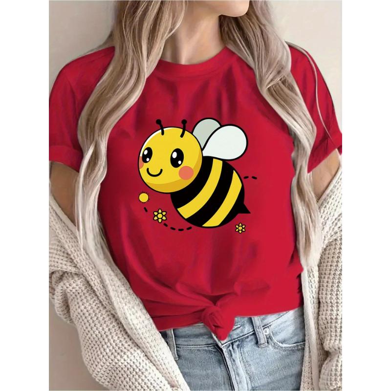 Cute Happy Letter Joyful Bee Pattern Printed Summer Casual Women's Short Sleeve Round Neck T-shirt Daily Top Women's Clothing