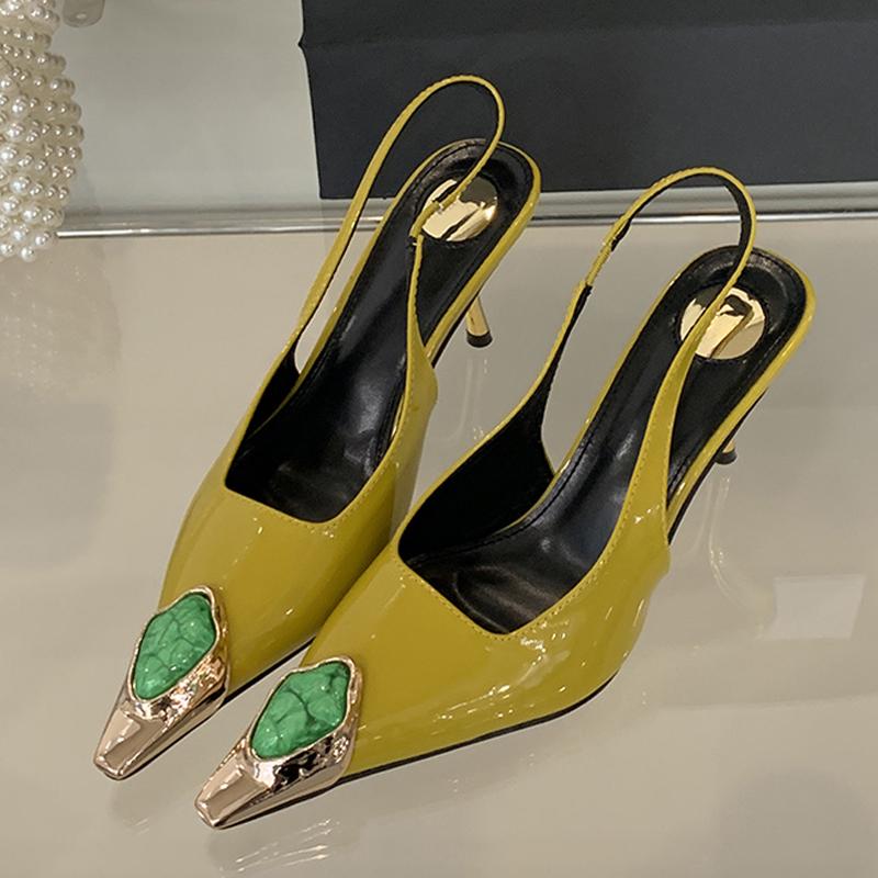 Liyke Fashion Design Inlay Gems Pointed Toe Patent Leather Sexy Slingback Sandals Women Pumps High Heels Wedding Banquet Shoes
