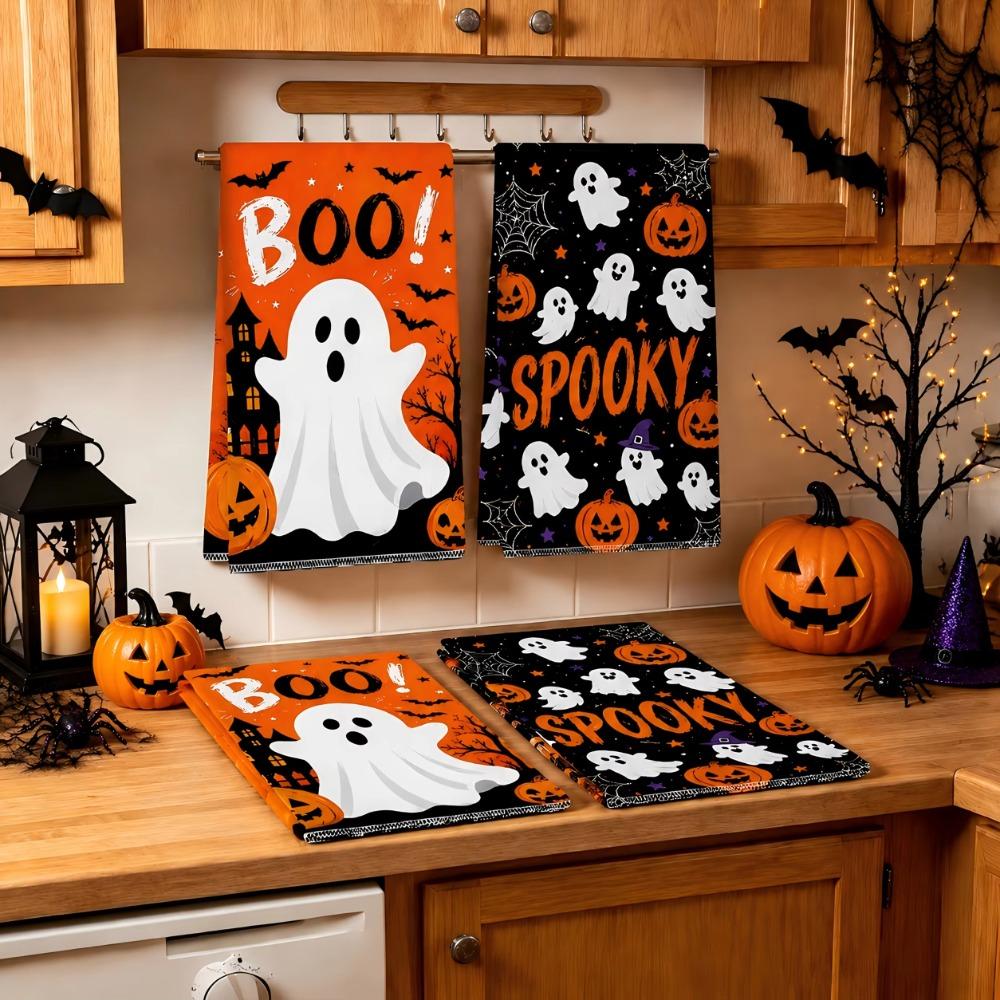 2PCS Ghost Pumpkin Pattern Halloween Kitchen Towel Quick Drying Kitchen Dishcloth Bathroom