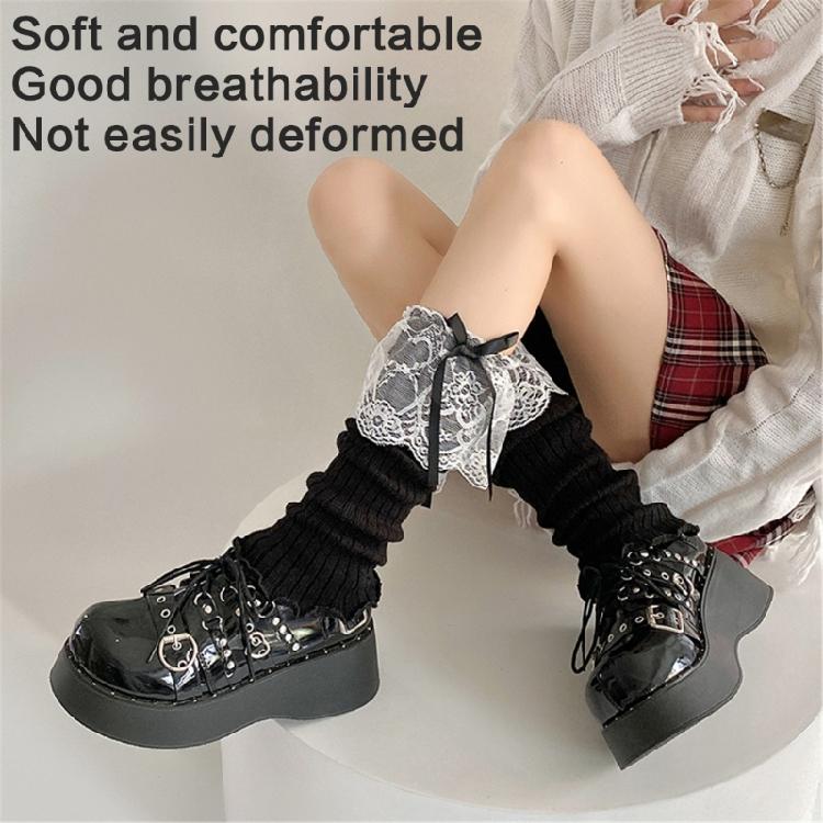 Women Aesthetic Ribbed Knit Stretch Leg Warmer Japanese Boot Cover Sweet Ruffled Lace Trim Bows Leg Sleeve Long Socks