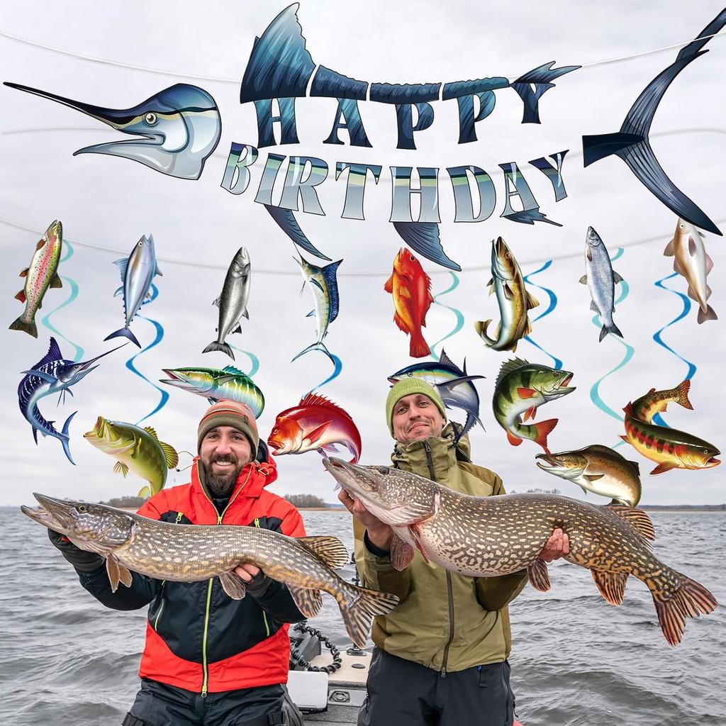 Fishing Birthday Party Decorations - 10PCS Fishing Themed Banners with Hanging Swirls Happy Bday Decoration for Fish Lovers Fisherman