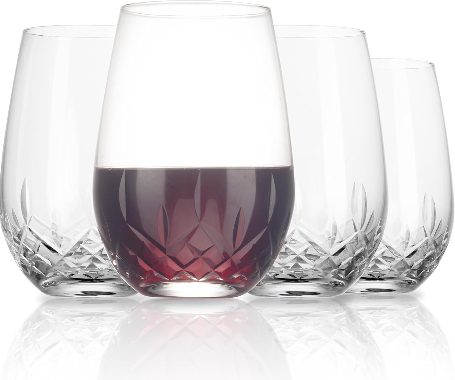 

Hand Cut Stemless Wine Glass Set of 4, 18 oz Crystal Tumblers for Red/White Wine & Water