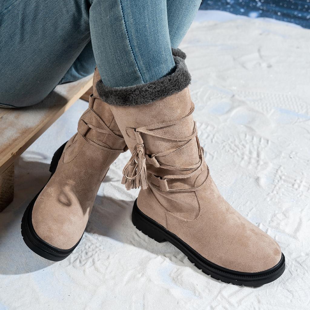 Women's soft elastic winter warm cold padded tassel snow boots non-slip wear outdoor leisure sports leather mid-calf cotton boots