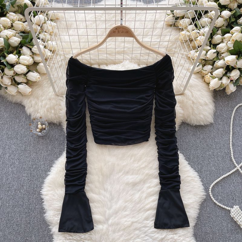 

Топ с длинными рукавами, облегающий, со сборками, с открытыми плечами, нижнее белье Pure Desire Black L