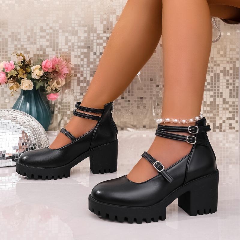 

Fashion Platform Single Shoes Autumn New Round Toe Shallow Mouth One Strap Back Zipper Anti-slip Wear-resistant Block Heel Shoes 36