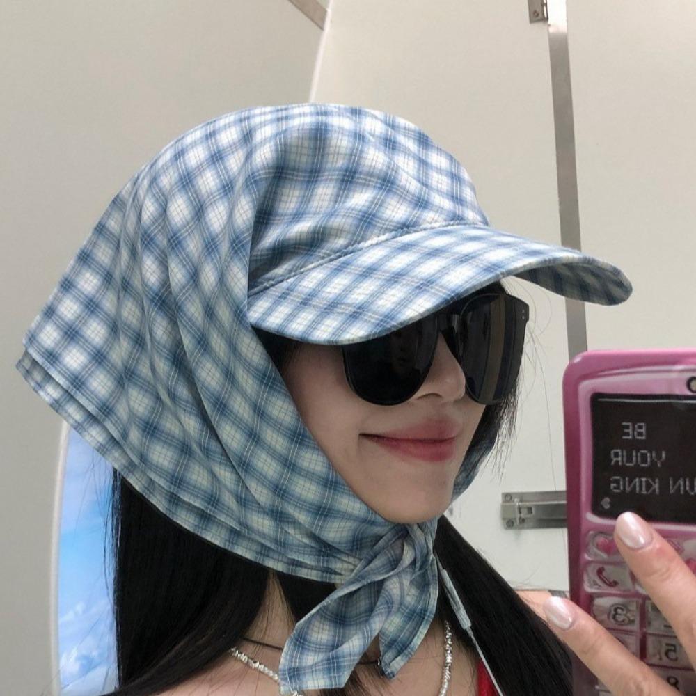 Rural Style Triangle Headscarf Hat Plaid Strappy Bandana Cap Retro Headscarf Baseball Hat  Travel