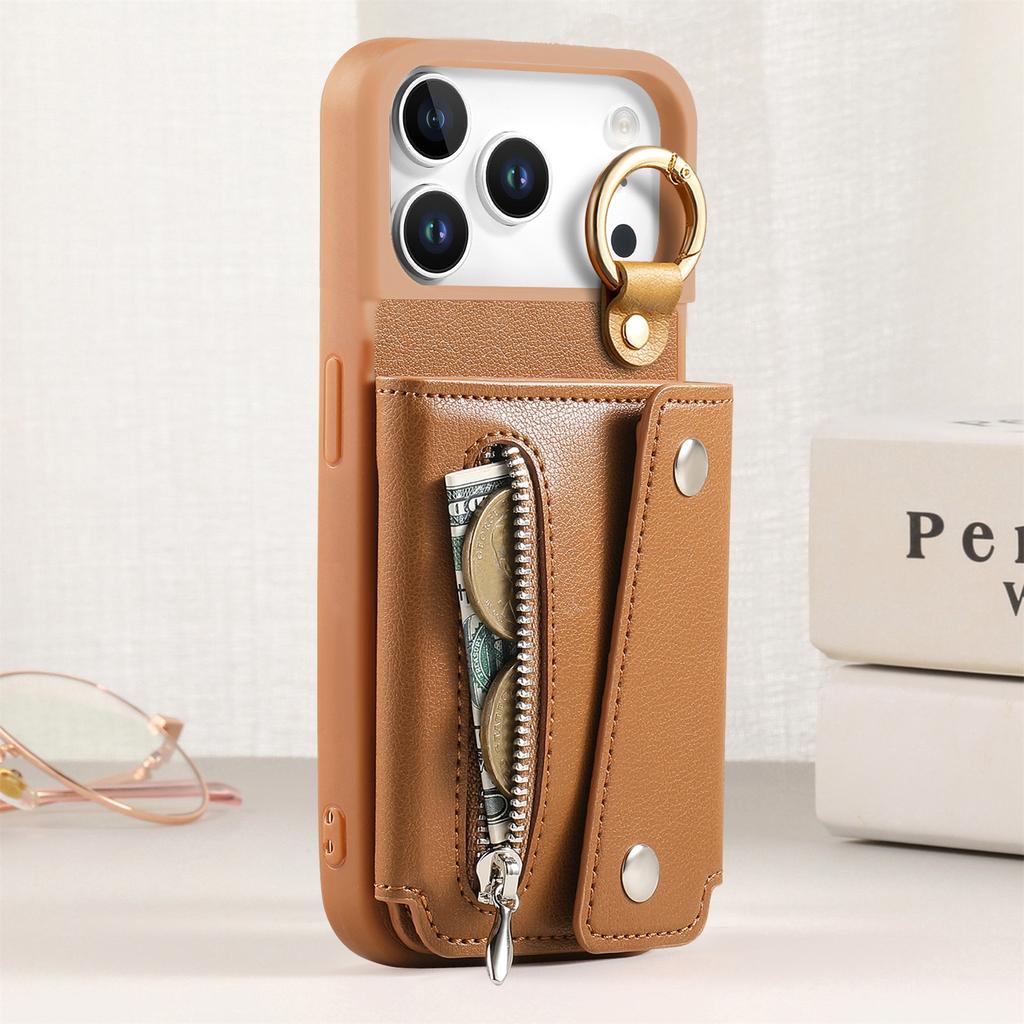 Zipper Cards Solt Leather Wallet Phone Case for IPhone Air 17 Pro Max 16 Plus 15 14 13 12 11 Pro Ring Holder Protective Cover