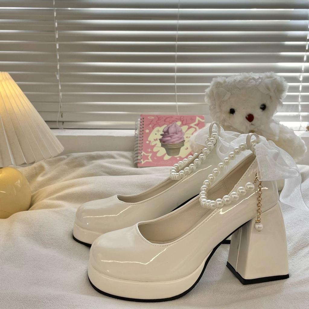 Retro Pearl Bow Mary Jane High Heels Shoes Women's Spring New Square Heel Sweet Single Shoes Chunky Rubber Lolita Party Shoes