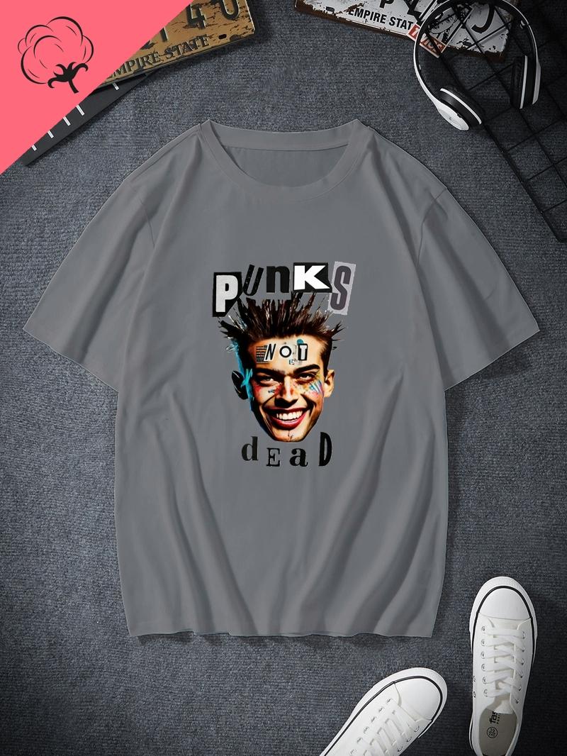 PUNKS NOT DEAD Retro Punk Music Patterned Printed Fashion T-Shirt, Classic Rock Music Casual Cotton T-Shirt S