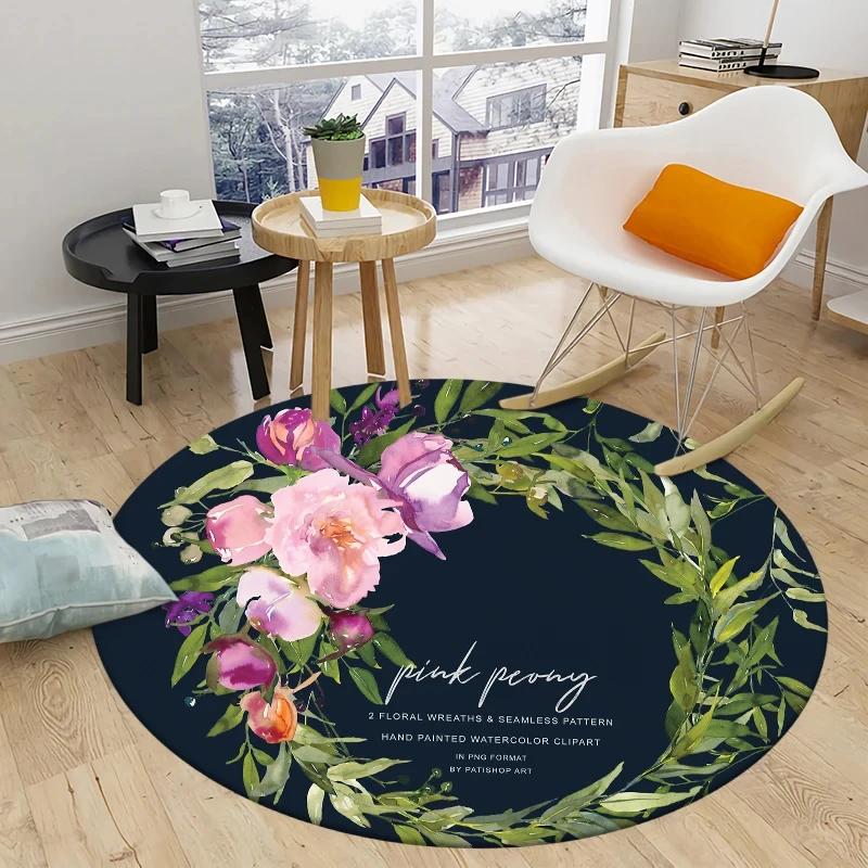Peony Rose Flower Round Carpet Botanical Floral Area Rug Soft Non-slip Circle Floor Mat for Bedroom Living Room Chair Sofa Decor
