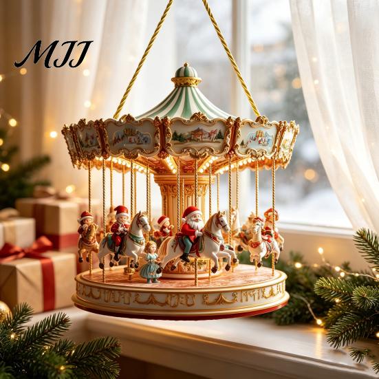 Holiday Party Decorations Christmas Santa Claus Carousel/Snow Cottage Hanging Ornament, Double-Sided Winter Festival Ornaments Acrylic Pendant