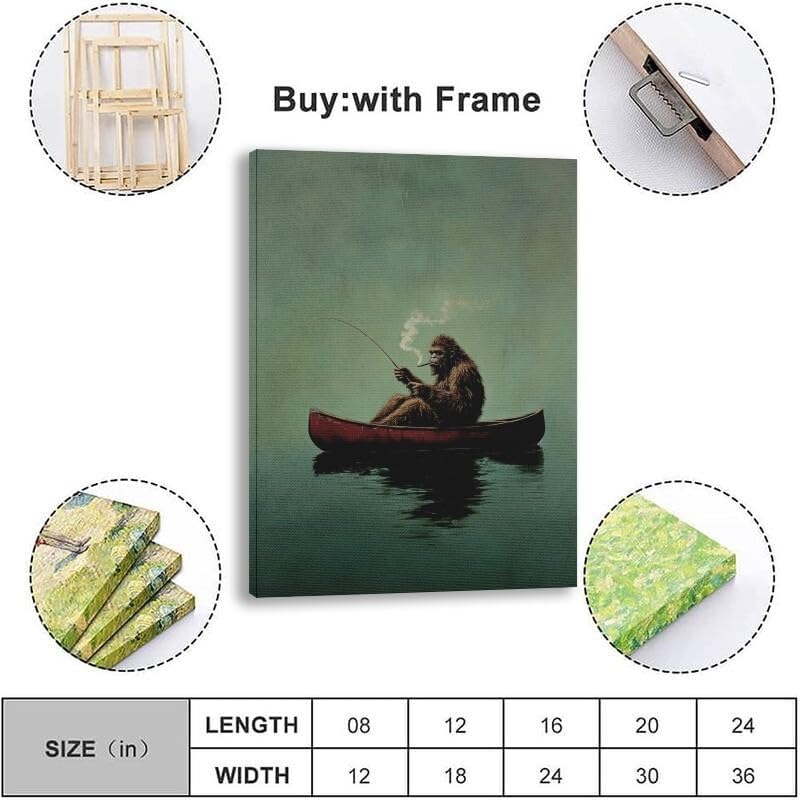 

Framed Canvas Print Wall Art Bigfoot on a Red Canoe Fishing Art Poster Framed Artwork Aesthetic Home Wall Decor for Living Room Bathroom Bedroom Wall 8x12inch Framed