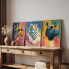 Vibrant Animal Wall Art Prints Set of 3 Colourful Hipster Giraffe, Tiger Rhino Posters Modern Funky Decor for Living Room,Office