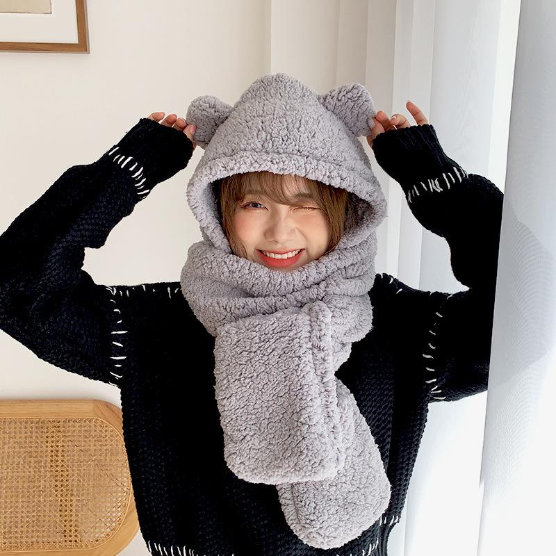 Bear hat women's winter scarf gloves three-piece cotton fleece integrated hooded cute thickened warm ear protector cotton hat