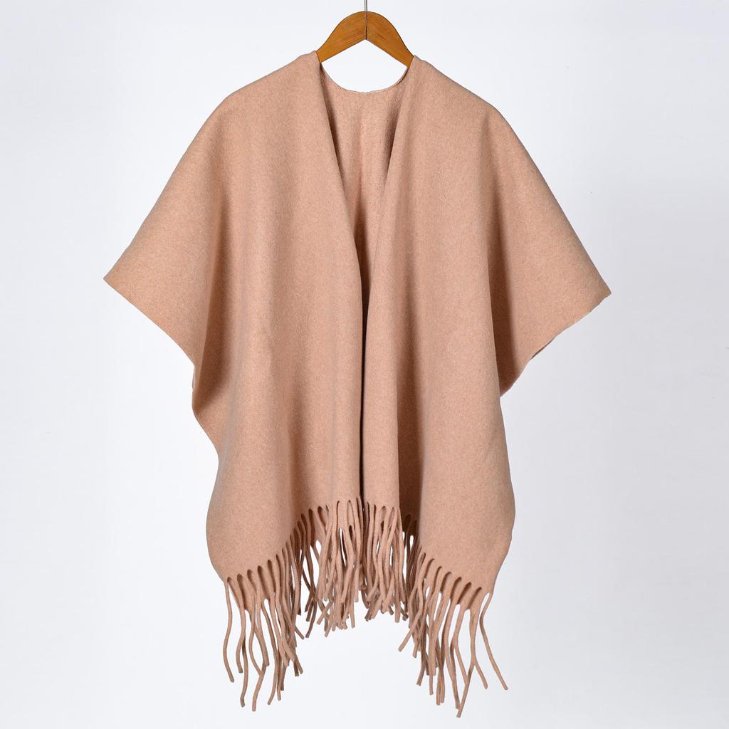 Women's Thick Jacquard Tassel Shawl - Versatile Solid Color Cape for Autumn/Winter