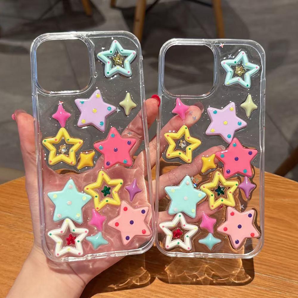 Cute 3D Colorful Stars Phone Case For iPhone 16 15 14 13 12 11 Pro Max Glitter Sequins Shockproof Soft Silicone Cover