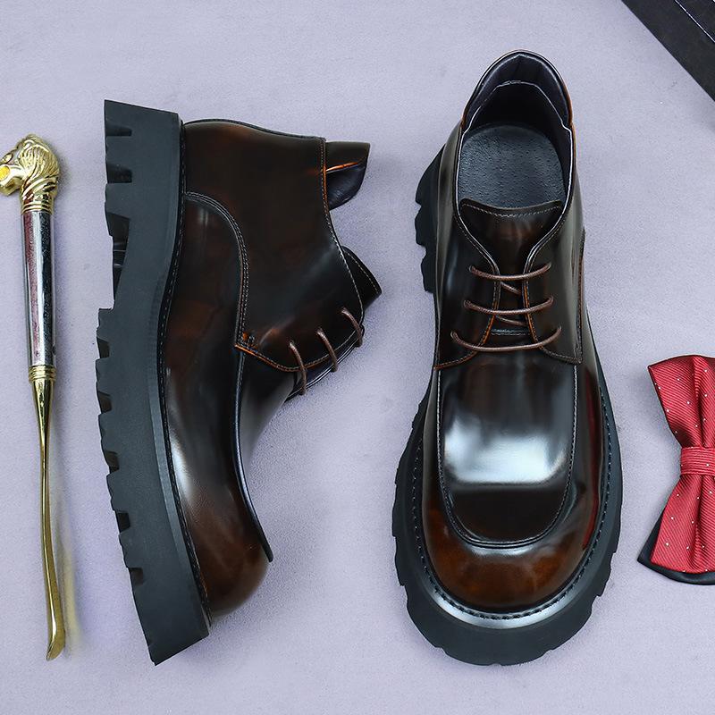 

Genuine leather men s cowhide thick-soled cowhide British lacquered bright leather non-slip fashion boots 37 коричневый