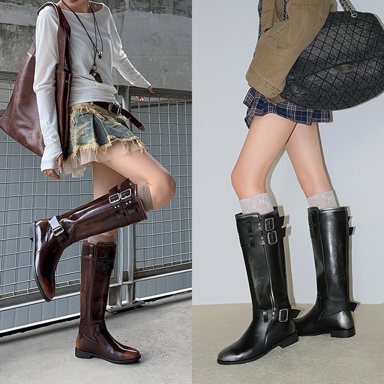 Belt Buckle But Knee Boots Low Heel High Knight Boots Women's 2025 New Retro Brown Western Cowboy Boots