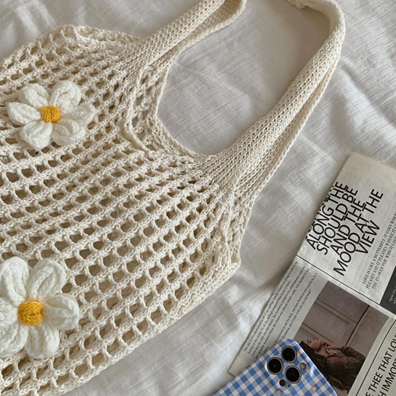 Women Knitted Shoulder Bag Tote Handbag Large Capacity Summer Beach Bag Lightweight Casual Top Handle Bag Chic Hobo Bag