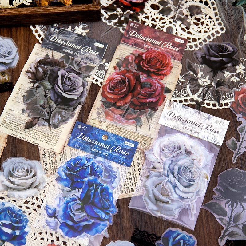 1pack/10pcs Colorful Rose Stickers, Beautiful Vintage Decor DIY Handmade Album Scrapbooking Decorative Paper Supplies