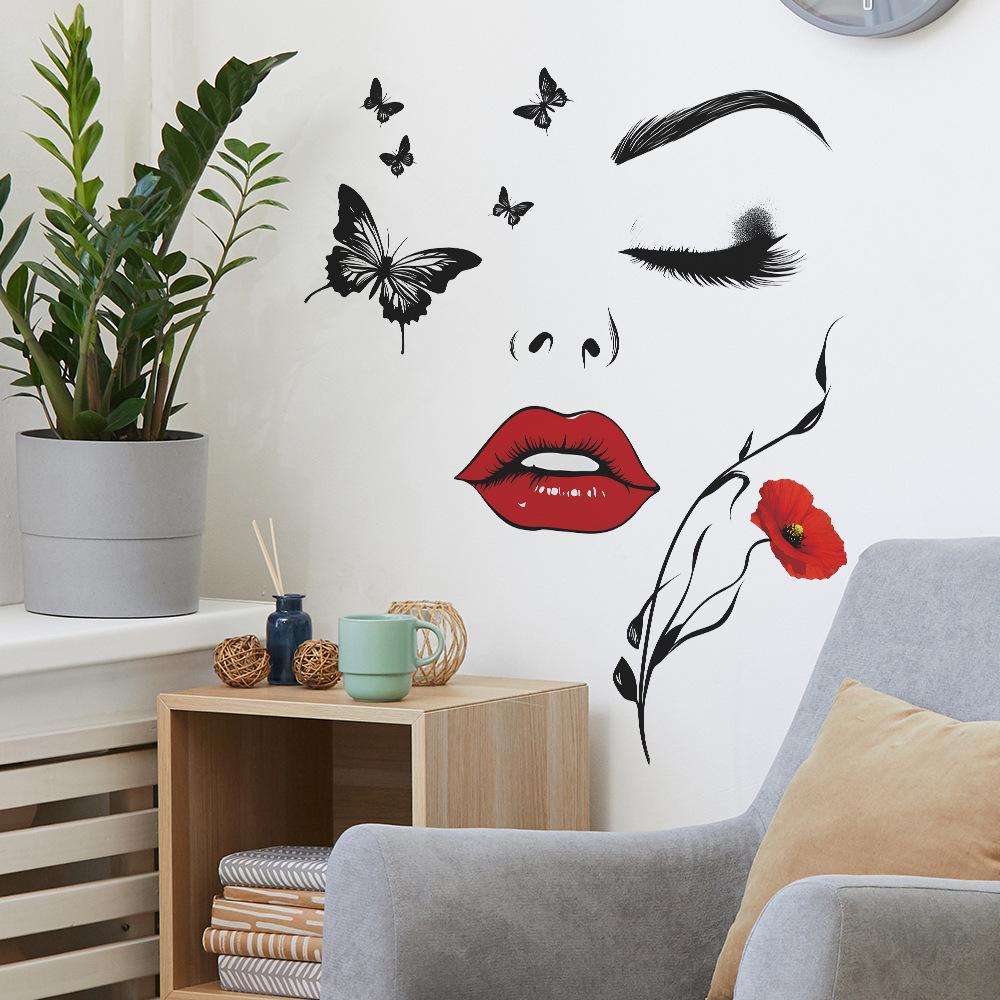 Beautiful Red Lips Woman Butterfly Wall Sticker Self-Adhesive Removable for Bedroom Living Room Entrance Home Decoration