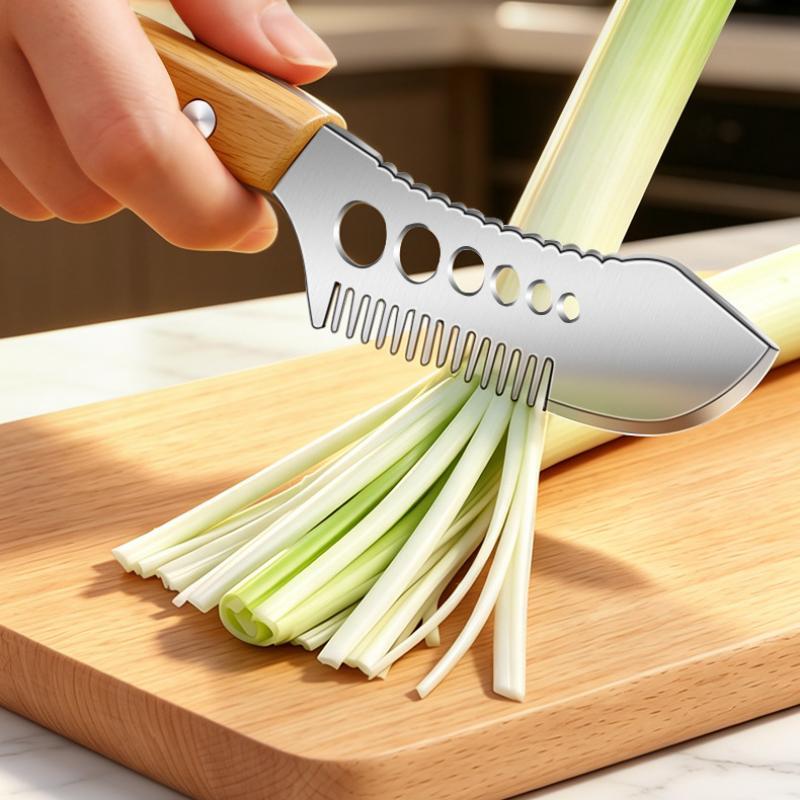 Cortador de Verduras 3 en 1 de Acero Inoxidable Mango Ergonómico Rebanador de Cebolleta Picadora de Hierbas para Picnic Cocina al Aire Libre
