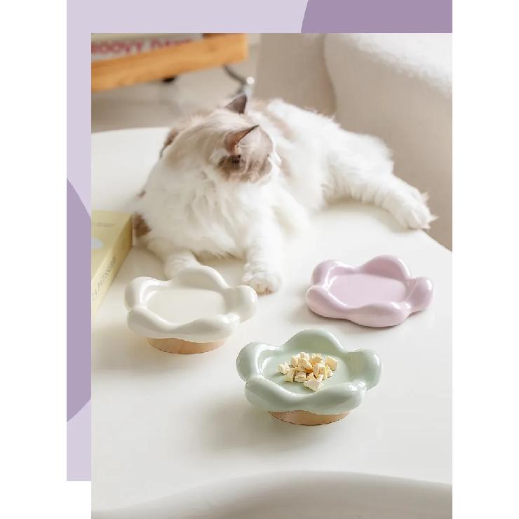 Cat Ceramic Bowl Small Pet Elevated Food Water Feeders Puppy Dog Drinking Eating Dish Plate with Wooden Stand
