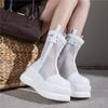 8CM Air Mesh Genuine Leather Boots Women Pumps Summer Motorcycle Chimney Sandals Hollow Ankle Booties ZIP Fashion Shoes