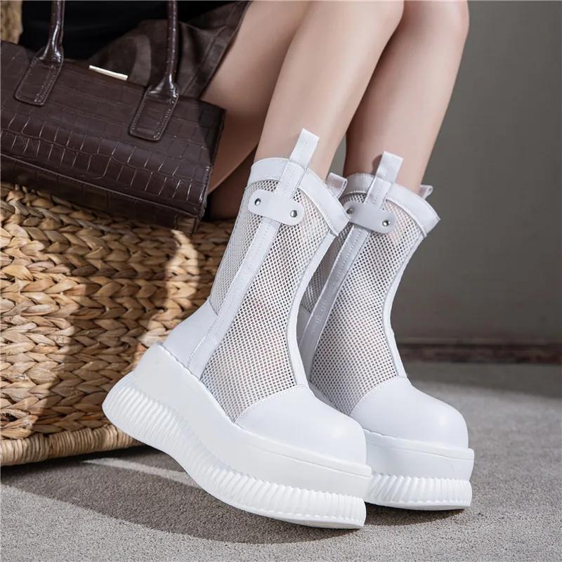 8CM Air Mesh Genuine Leather Boots Women Pumps Summer Motorcycle Chimney Sandals Hollow Ankle Booties ZIP Fashion Shoes