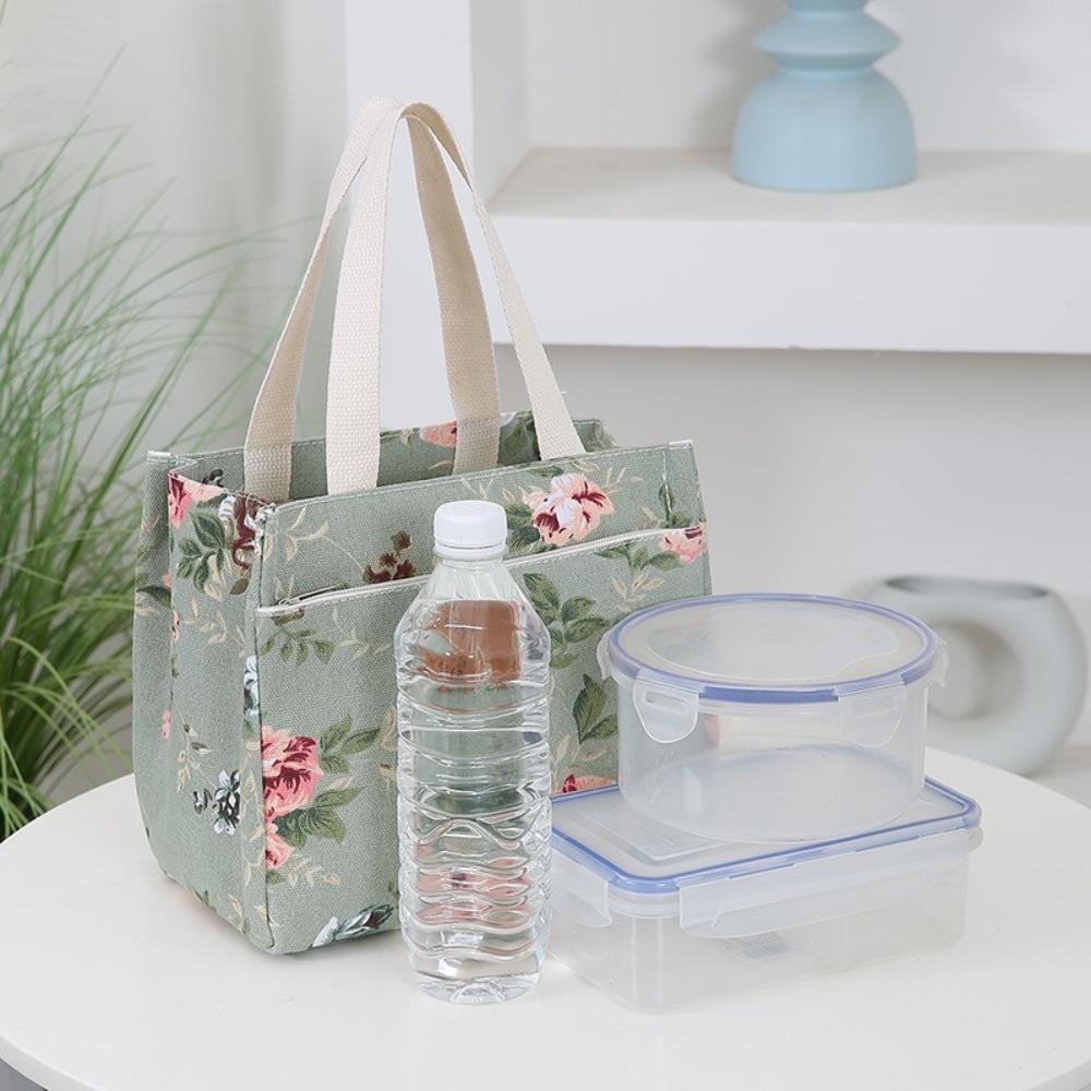 Portable Canvas Lunch Bag Floral Print Large Capacity Ice Bag Foil Lining Lunch Box Handbag for Women