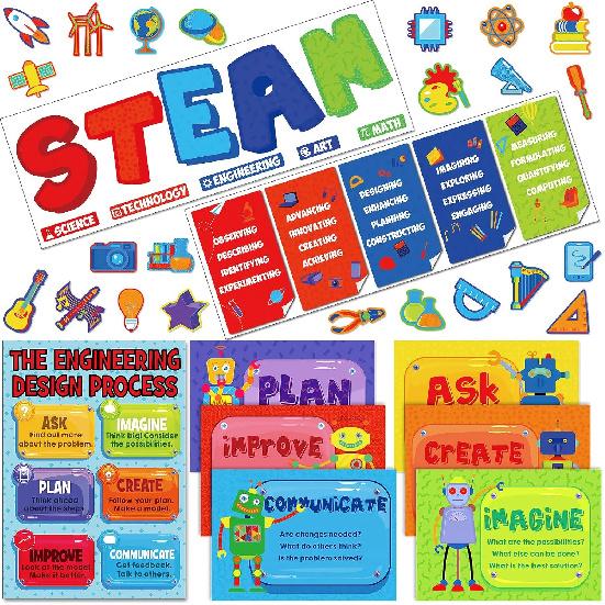 64 Pcs Stem Steam Science Posters Classroom Bulletin Board Decorations Set Science Project Banners Cutouts Bulletin Board for Classroom Teachers Wall