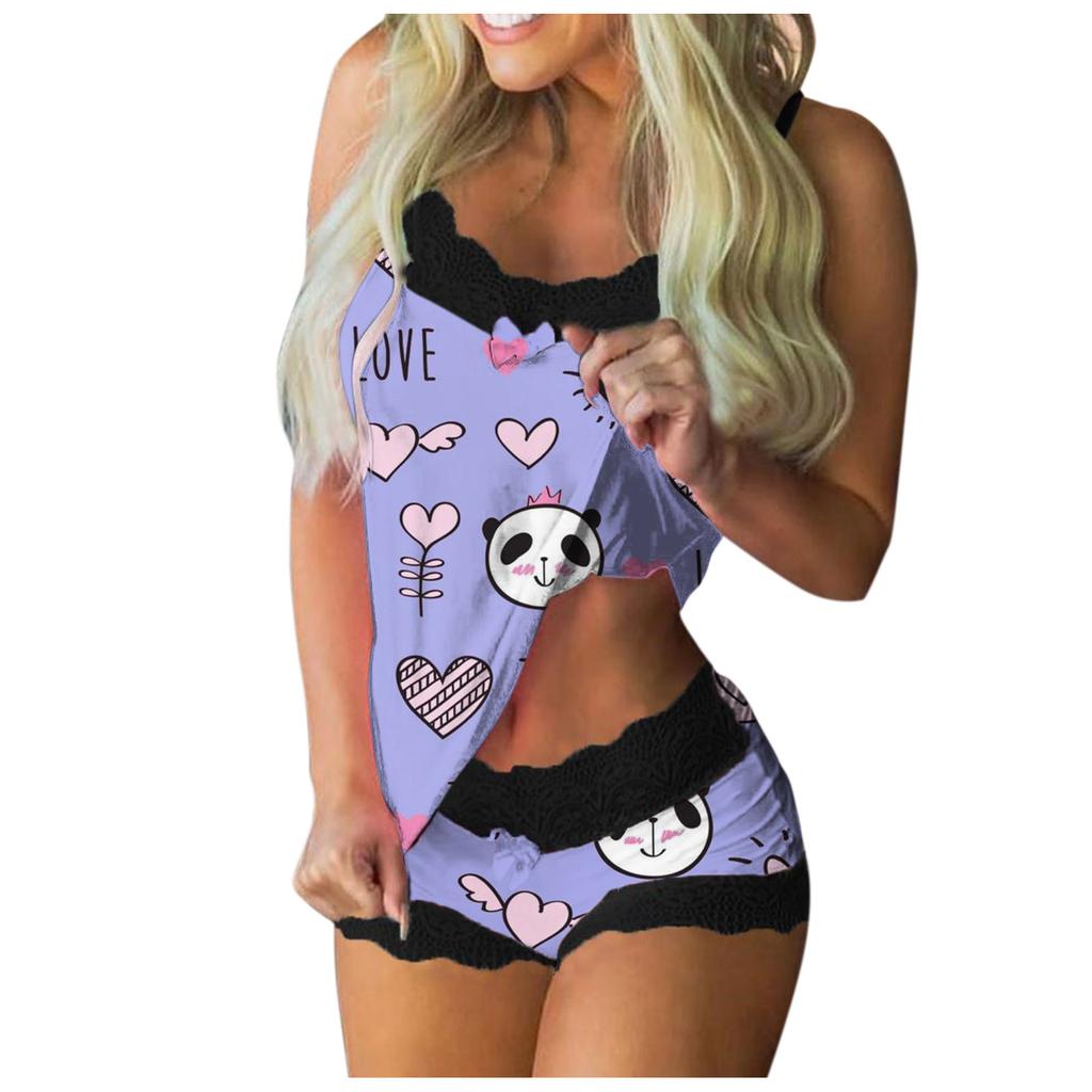 Women Print Pajamas Sleeveless Lace Cami Shorts Lingerie Sleepwear Set