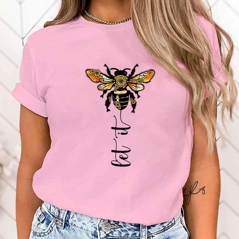 (High Quality T Shirt)Funny Bee Let It Print T-Shirts For Women Summer Round Neck Tee Shirt Femme Fashion Casual T-Shirts