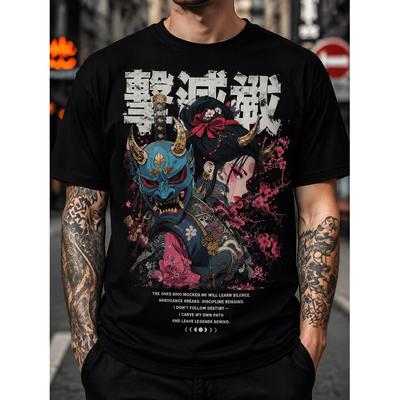 T-shirt Grafica da Uomo con Stampa Samurai Giapponese e Maschera Hannya Manica Corta Girocollo Streetwear T-shirt per Uso Quotidiano e Uscite Casual