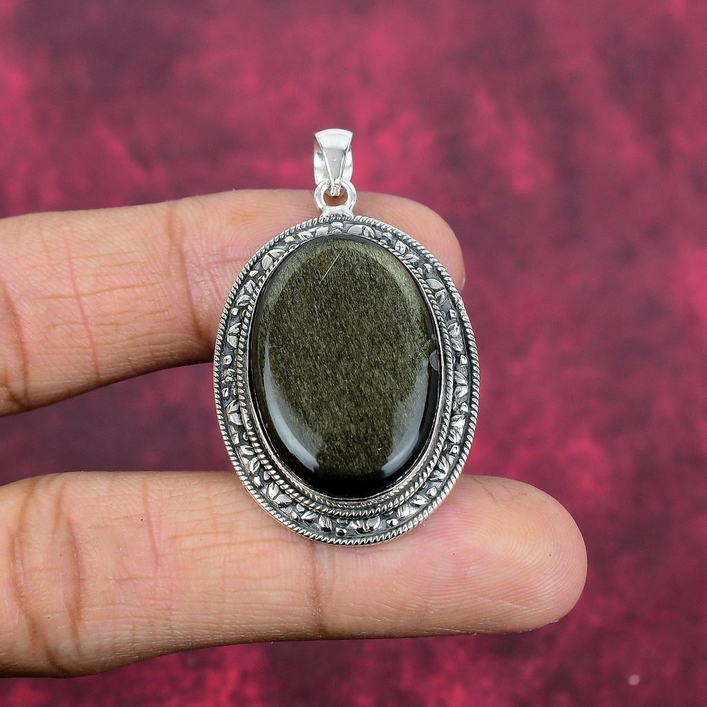 Pingente de obsidiana Silversheen em prata esterlina maciça 925, joia com pingente de pedra preciosa feita à mão, presente para esposa, pingente novo