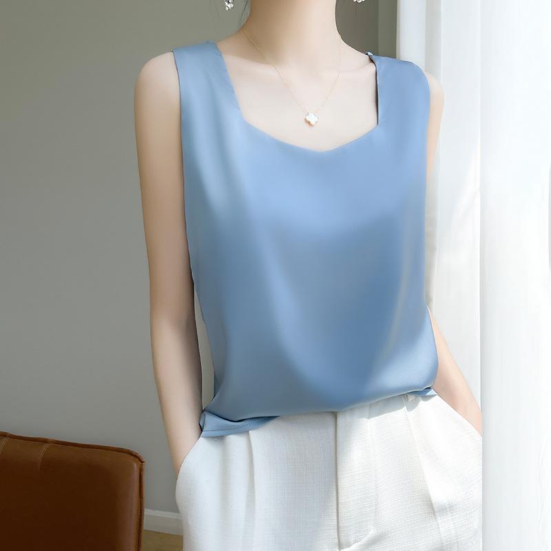 

Носите свободный женский топ без рукавов с базовым слоем внутри летом XXXL синий