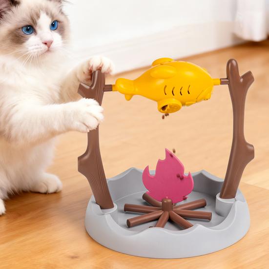 Drehender Fisch Katzenleckerli-Spender Interaktives Gegrillter Fisch über Lagerfeuer Katzenspielzeug Spaß Langsamfresser Enrichment-Spielzeug für Wohnungskatzen Spieltraining