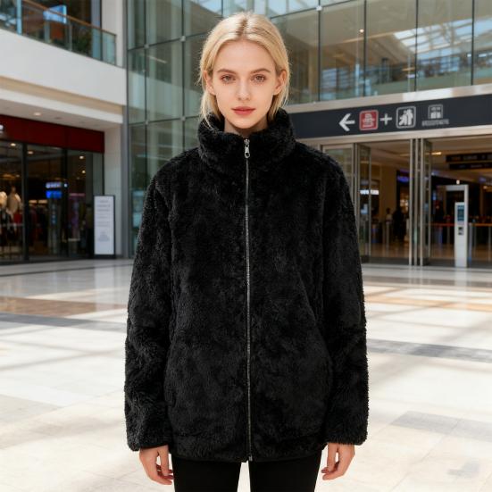 Women's Fuzzy Fleece Jacket Long Sleeve Zip Up Sherpa Coat Soft Stand Collar Fall Outerwear with Pockets