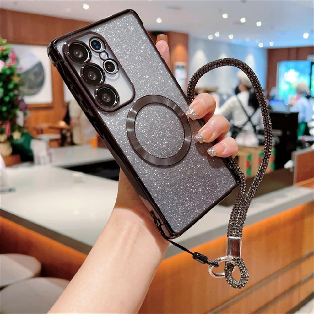 

For Samsung Galaxy S25 Ultra Case Compatible with MagSafe Electroplated Gradient Glitter Phone Cover with Lanyard Silver