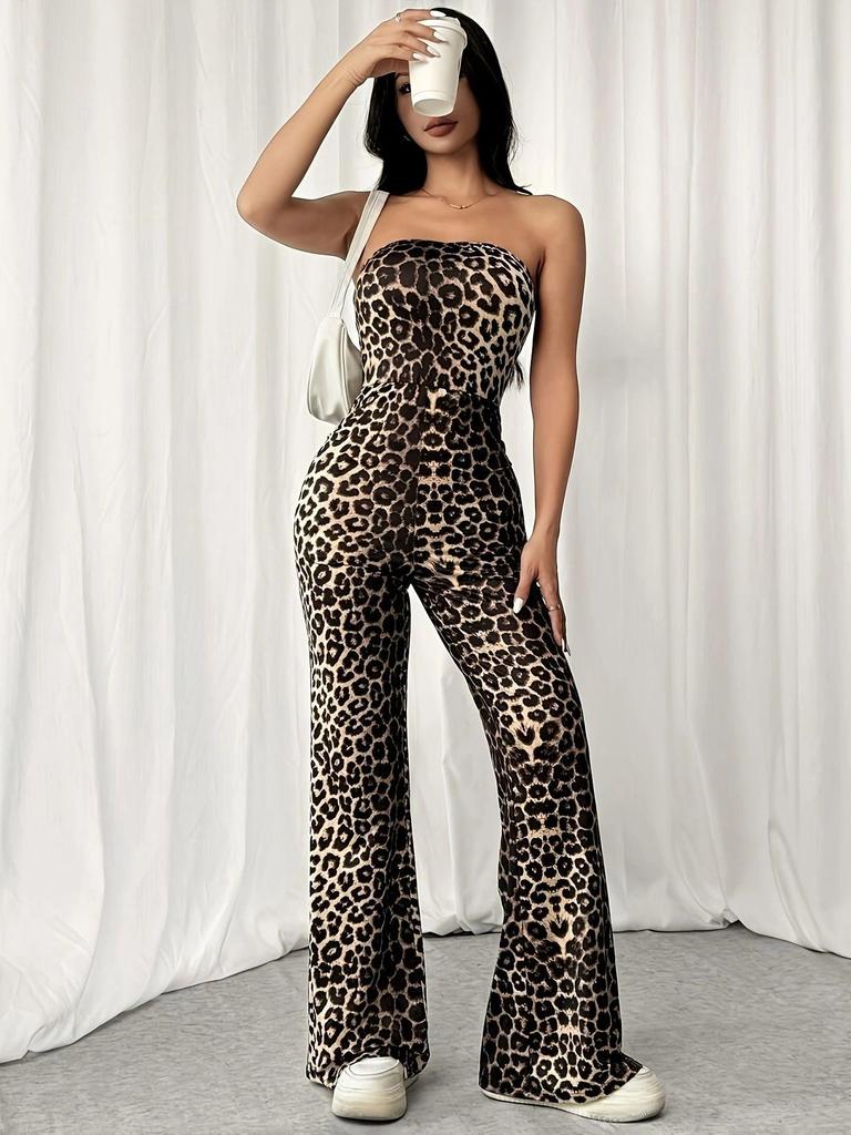 Tuta Intera Senza Spalline e Schiena Scoperta con Stampa Leopardo – Stile Europeo & Americano, Vita Sagomata per una Vestibilità Sexy