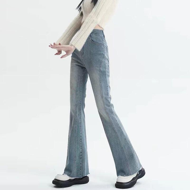 Women's High Waist Vintage Micro-Flare Jeans - Elastic, Raw Hem, Double Button, Retro Bell Bottom.