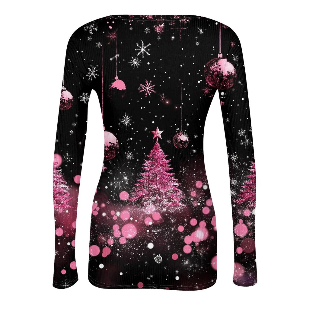 Γυναικείο μοντέρνο λεπτό σλιπ, casual, με μακριά μανίκια, χριστουγεννιάτικο τυπωμένο πουλόβερ με λαιμόκοψη U