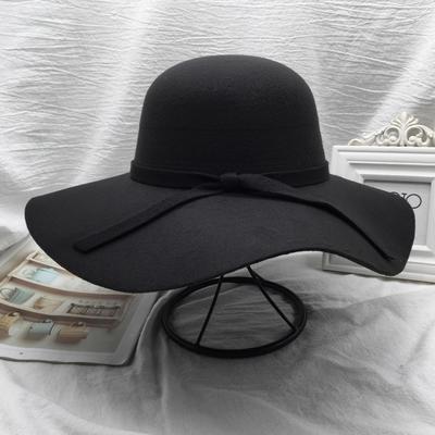Damen Retro Koreanische Schwarze Wollene Fischerhut mit Schleife und Großer Krempe – Perfekt für Herbst und Winter.
