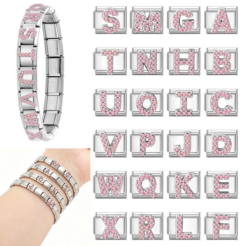 1pz Micro Intarsiato Zirconia Rosa Full Zircone 26 Lettere Inglesi Fascino Italiano Adatto Bracciale in Acciaio Inossidabile da 9mm Gioielli Fai da Te