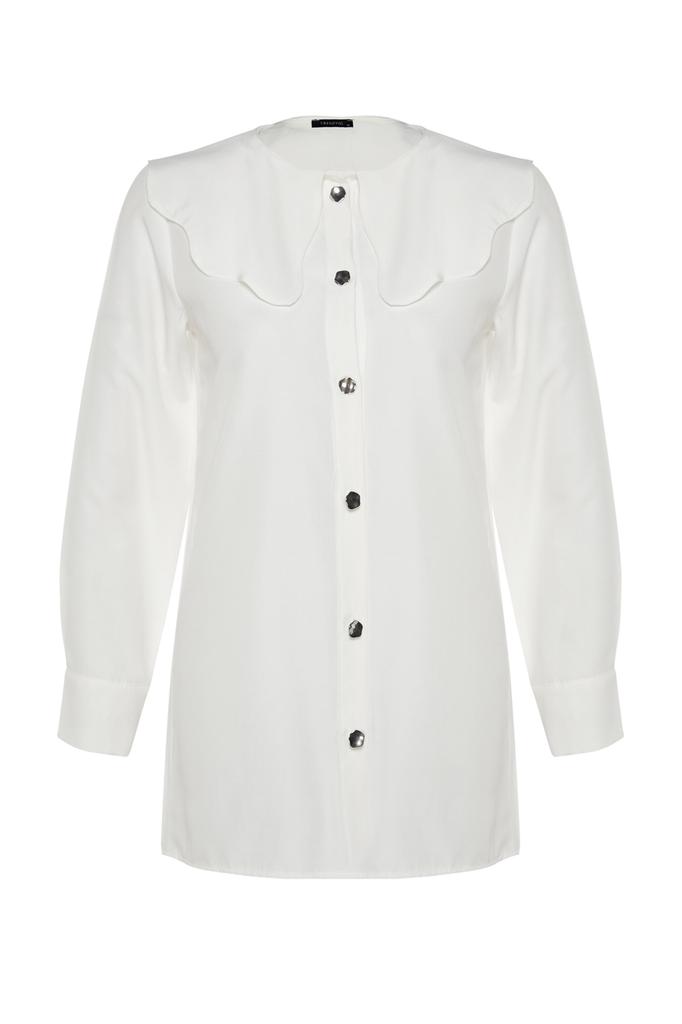 Damenmode Neues Hijab-Hemd Weiß Silberfarbenes Knopfdetail Babykragen Baumwollhemd