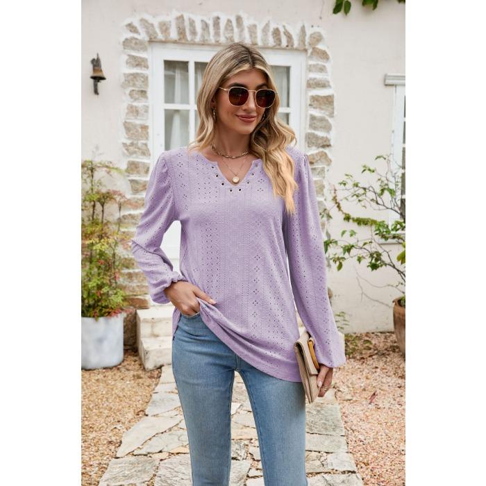 Spring and Autumn Women's Blouse Fashion V-neck Buttons Hollow Loose Long-sleeved T-shirt Tops