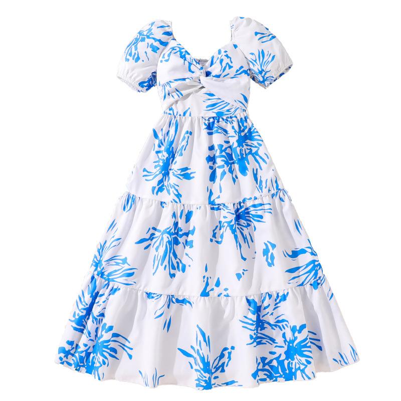 Girls Elegant Dress Spring Summer Children's Slim-fit Printed Puffed Sleeve Dress