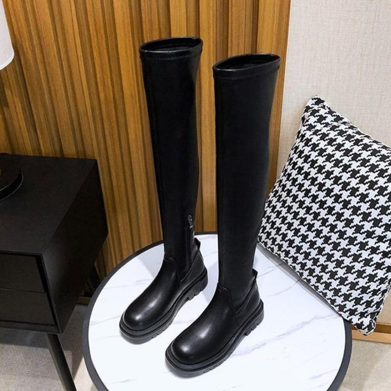 Damen Stretch-Stiefel über dem Knie 2026 Herbst Winter Neu Schlankmachend Schwarz Höhenverstellend Runde Spitze Mittlerer Absatz Dicke Sohle Stiefel